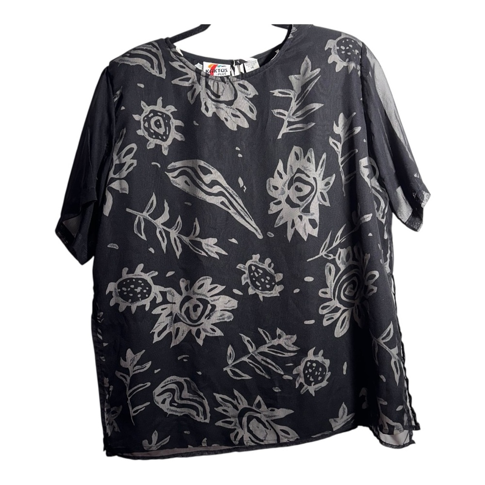KAKTUS Black and Gray Floral and Leaf Design Women's Blouse with Overlay 1X